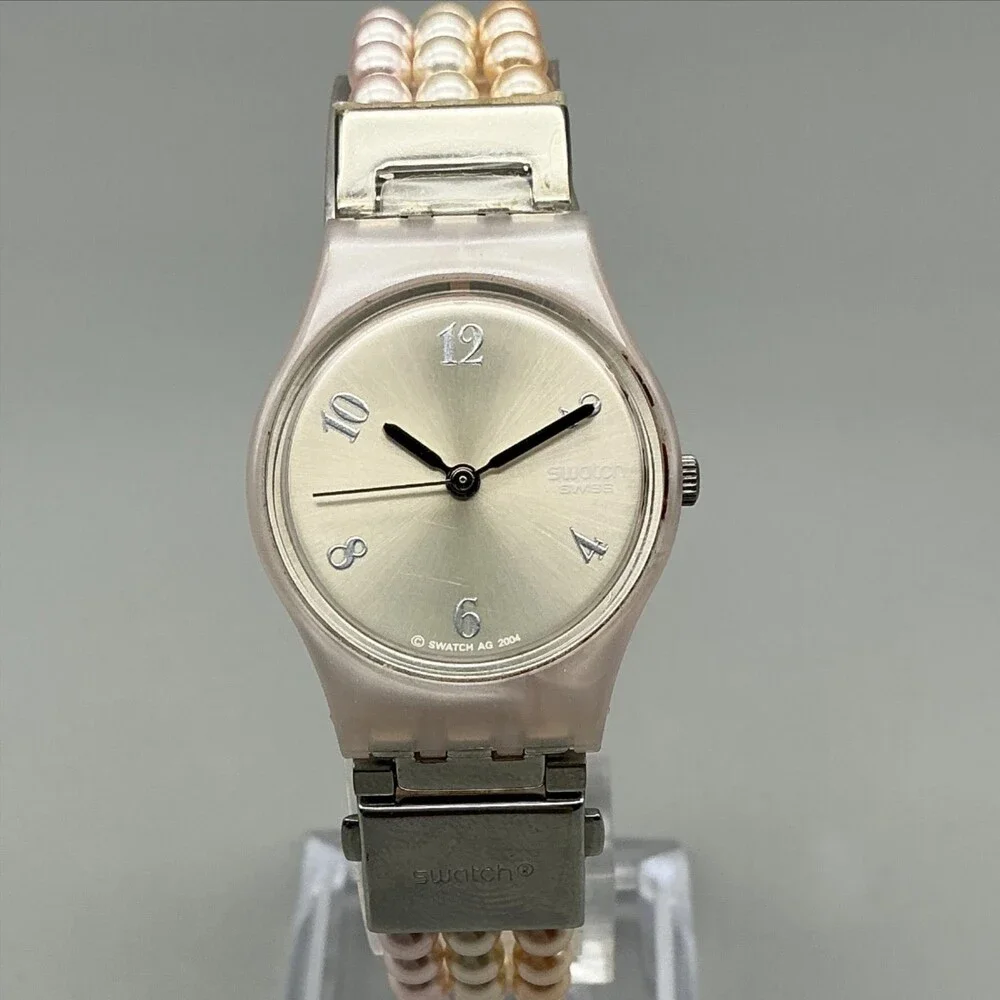 Swatch Pearl Tension Womens Watch 25mm Pink Pearl Bead Band New Battery 6.25